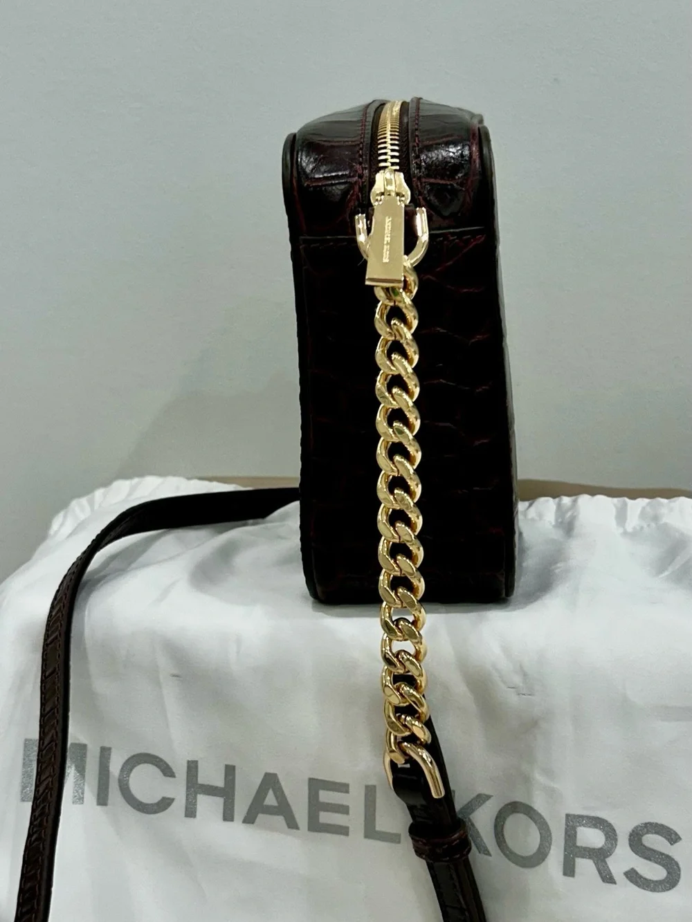Michael Kors Croc-Embossed Leather Crossbody in Deep Brown with Gold Hardware